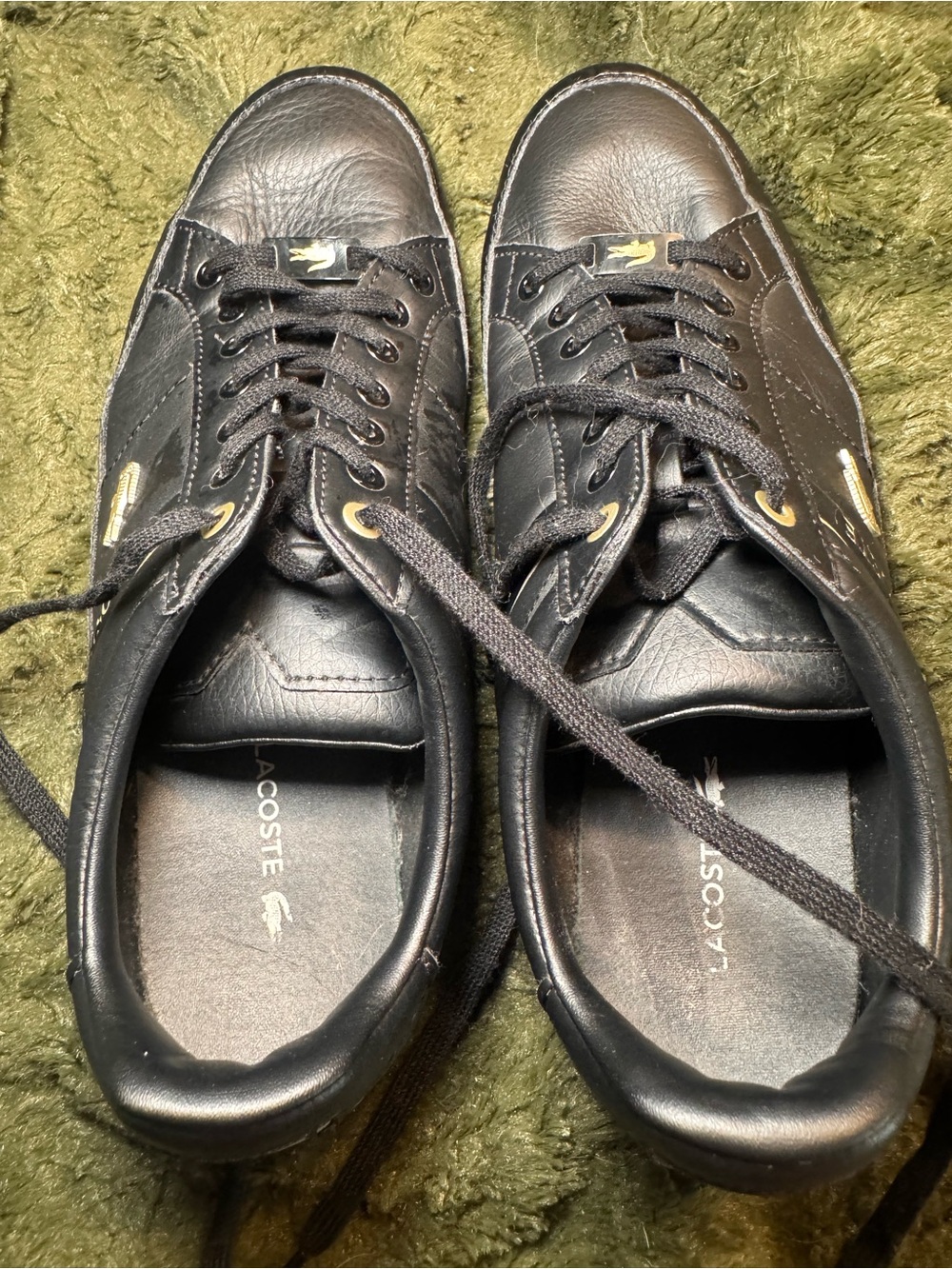 Lacoste Chaymon Black Leather Gold Sneakers Men’s 8.5